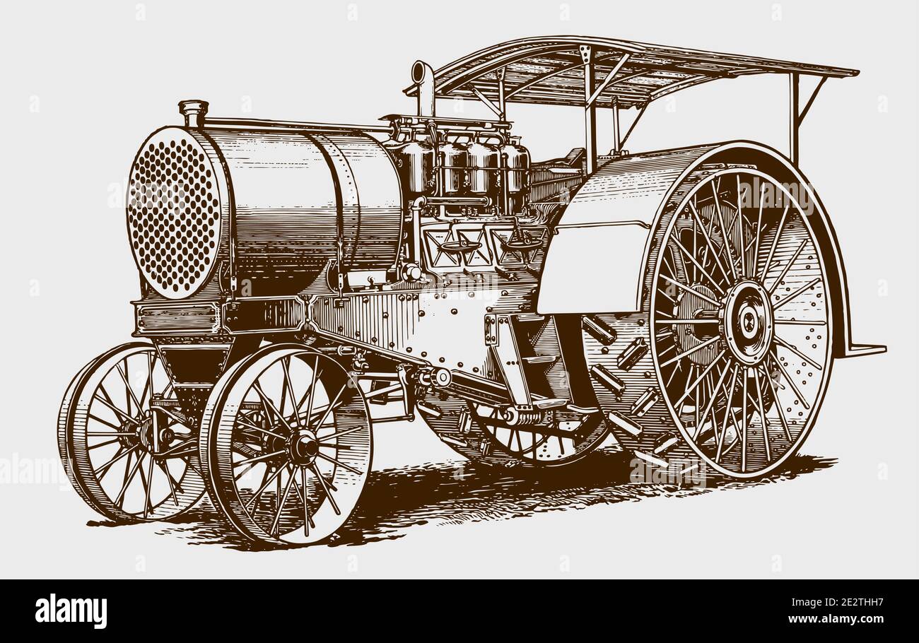 Riesige antike Traktor in drei Viertel Vorderansicht. Illustration nach einem Stich aus dem frühen 20. Jahrhundert Stock Vektor
