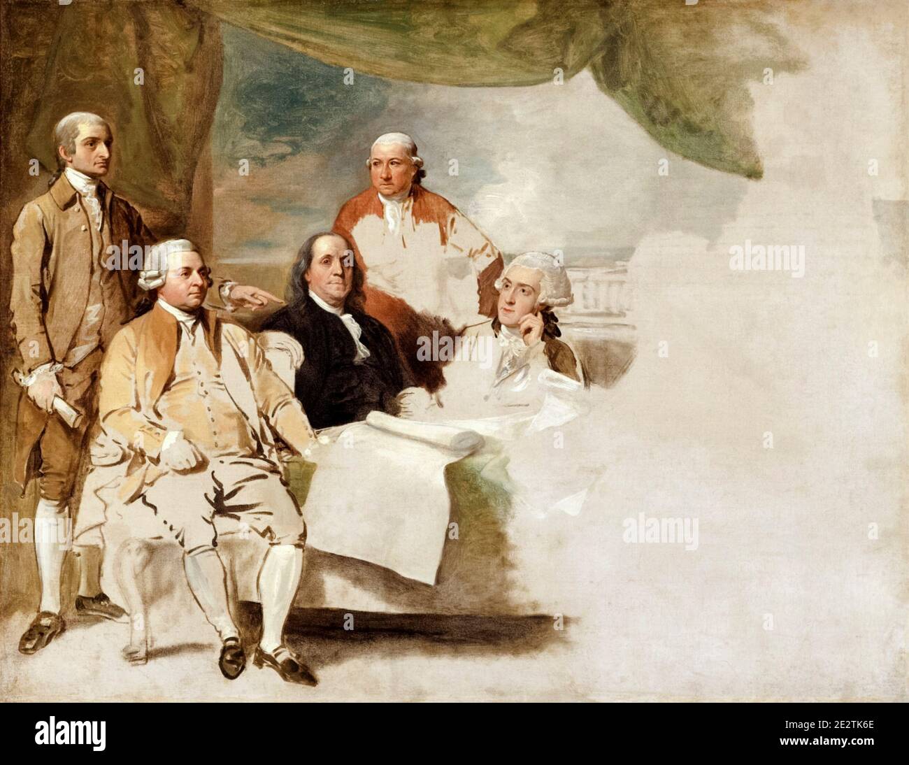 Amerikanische Kommissare des Preliminary Peace Agreement mit Großbritannien (unvollendete Ölskizze), Gemälde von Benjamin West, 1783-1784 Stockfoto