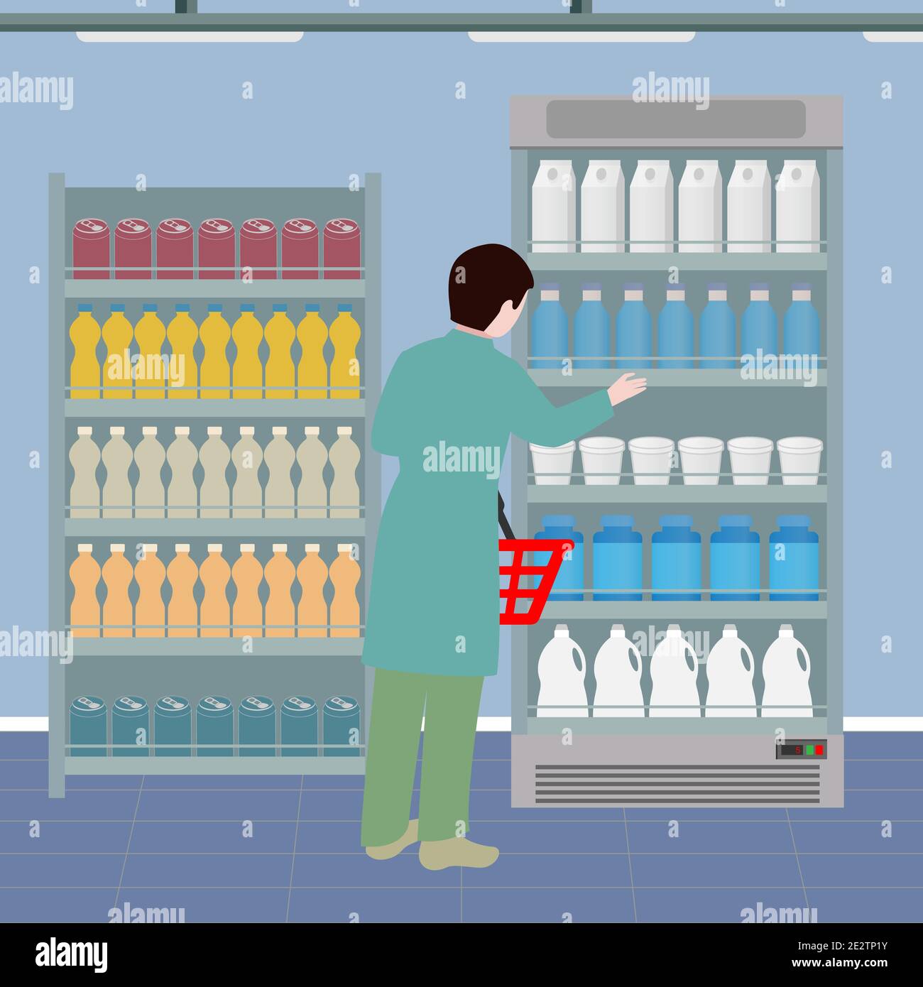 Person mit einem Warenkorb in der Nähe des Supermarkts Regale mit Getränke und Milchprodukte Stock Vektor