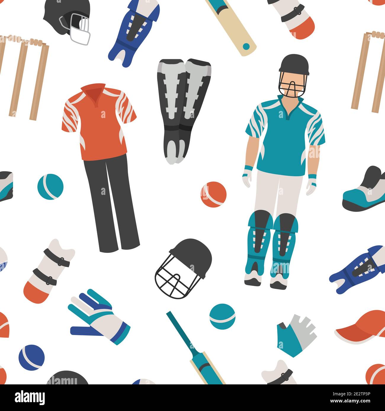 Sportausrüstung. Cricketer Ausrüstung und Zubehör flaches Design Icon.Vektor-Illustration Stock Vektor