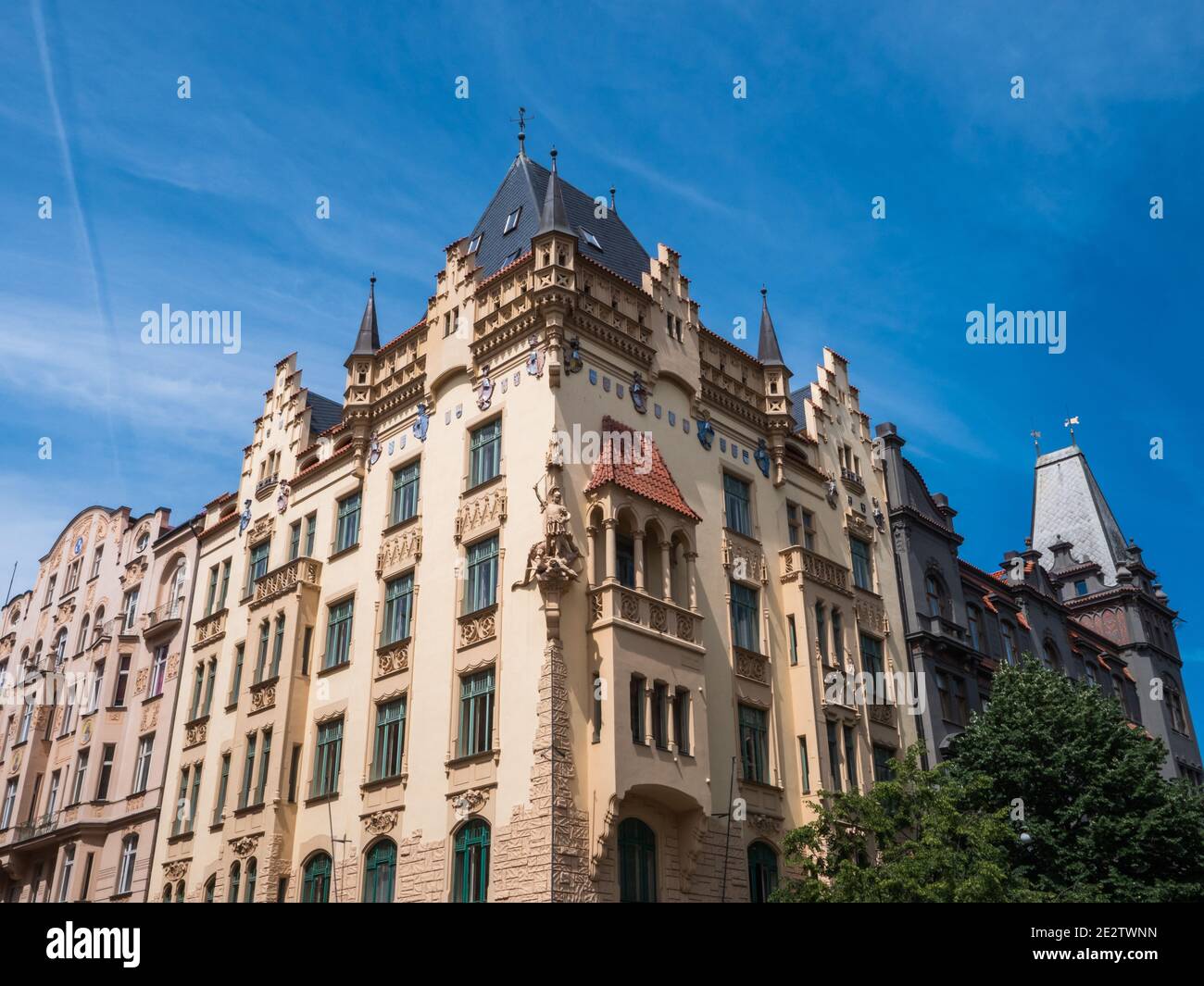 Parizska 97/15 Neorenaissance-Herrenhaus in Prag, Tschechien Entworfen 1905 von Jiri Justich, einem Belle Epoque-Gebäude im Josefov-Viertel. Stockfoto