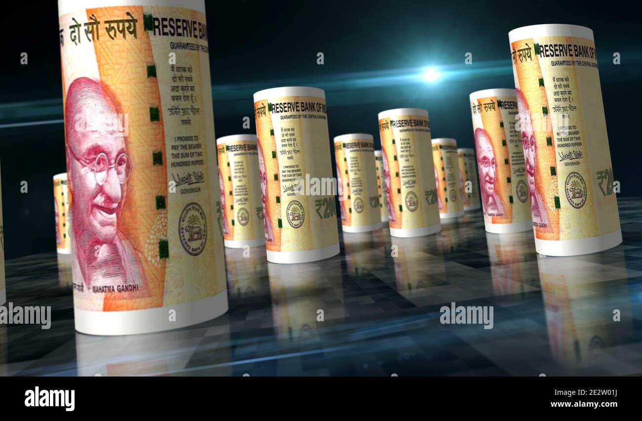 Indische Rupie Rollen 3d-Illustration. Geld auf dem Tisch. Kamera zwischen INR rollte Banknoten. Abstraktes Konzept von Wirtschaft, Finanzen, Bargeld, Geschäft, rec Stockfoto