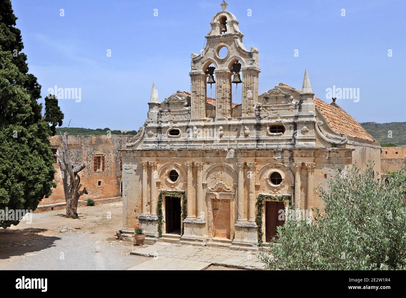 Die Hauptkirche des historischen Kloster Arkadi (oder Moni Arkadiou in griechischer Sprache), in Region Rethymno, Kreta, Griechenland. Stockfoto