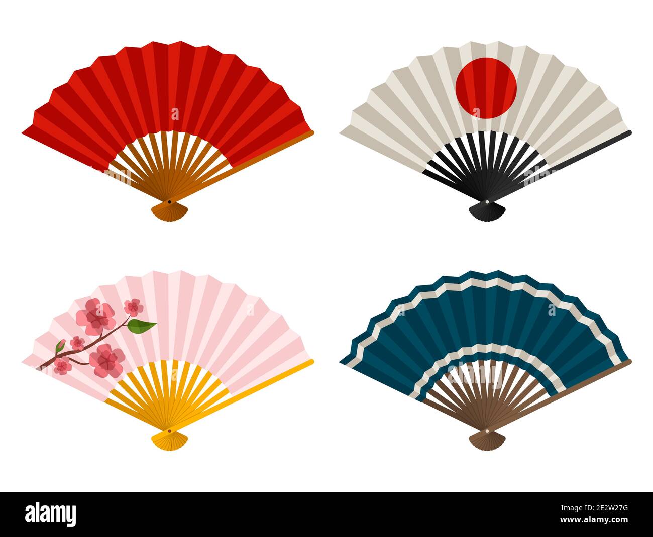 Handventilatoren, isoliert auf weißem Hintergrund, japanischer und chinesischer Faltfächer, traditioneller asiatischer Papier Geisha Fächer. Vektorgrafik Stockfoto