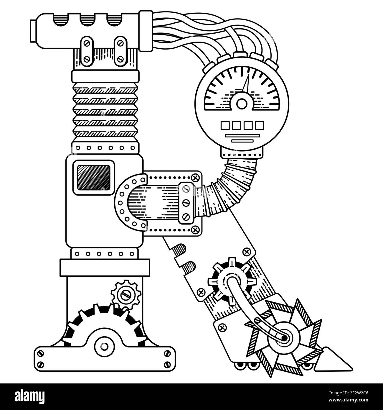 Vektor Bild für Erwachsene. Mechanisches Buchstabenalphabet aus Metallzahnrädern und verschiedene Details auf weißem Hintergrund. Großbuchstabe R Stockfoto