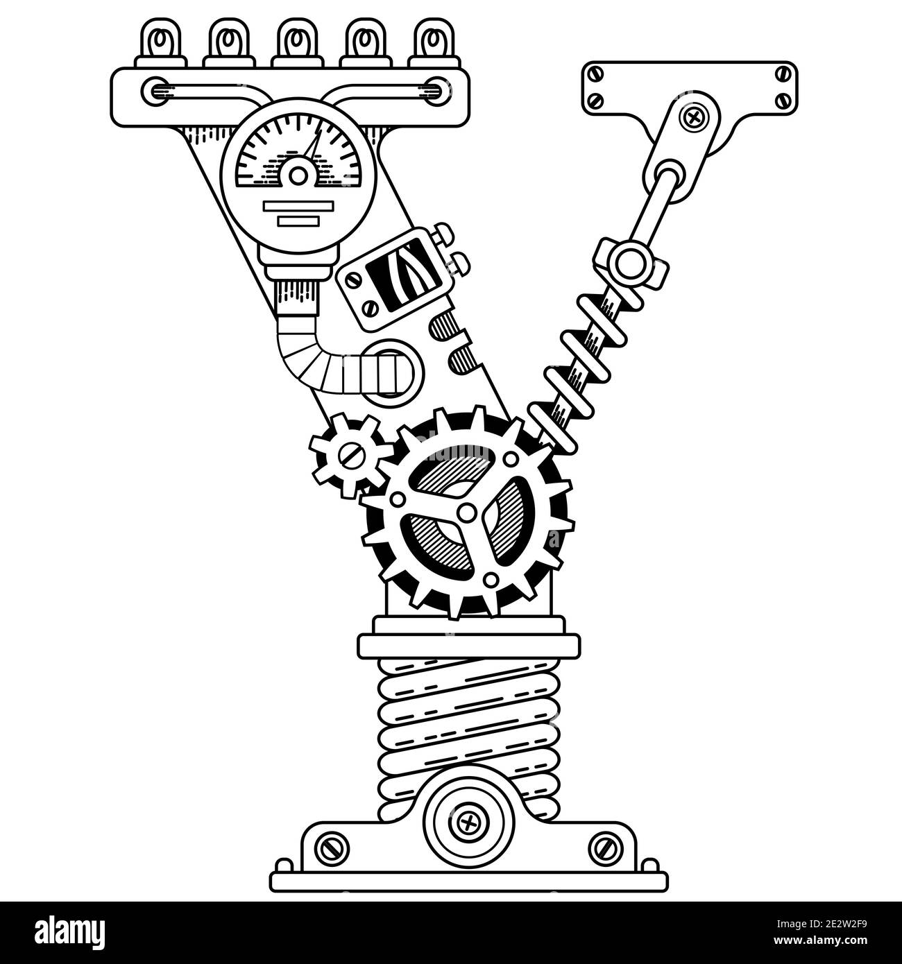 Vektor Bild für Erwachsene. Steampunk-Schriftart. Mechanisches Alphabet aus Metallzahnrädern und verschiedenen Details auf weißem Hintergrund. Buchstabe Y Stockfoto
