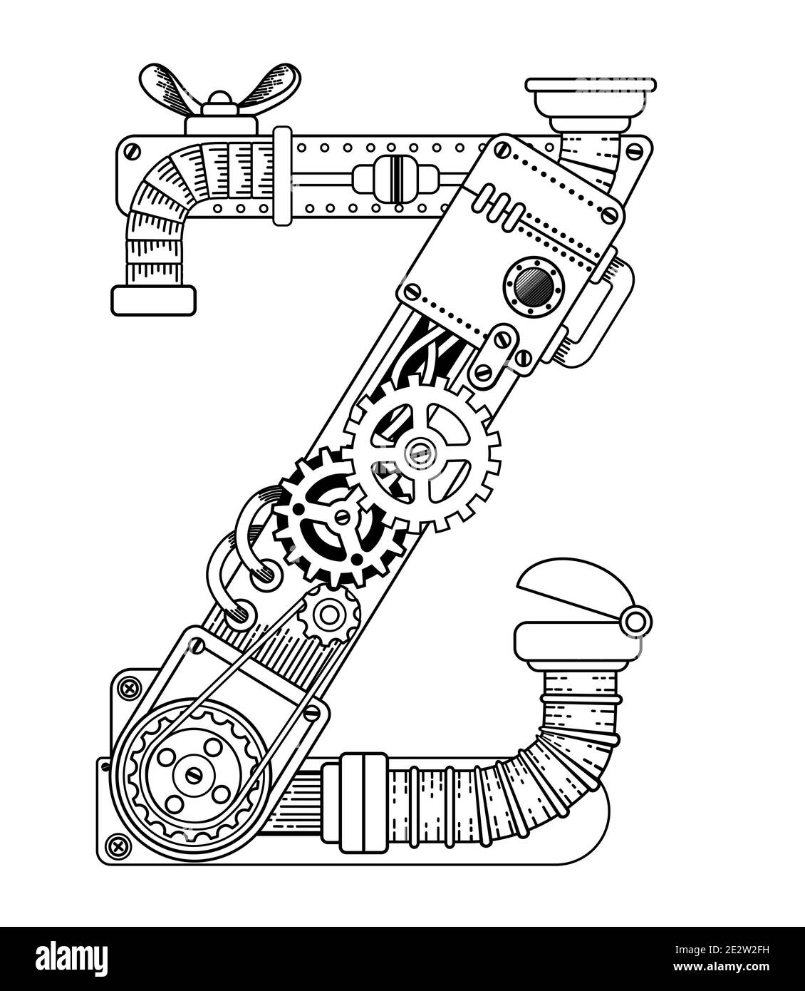 Vektor Bild für Erwachsene. Steampunk-Schriftart. Mechanisches Alphabet aus Metallzahnrädern und verschiedenen Details auf weißem Hintergrund. Buchstabe Z Stockfoto