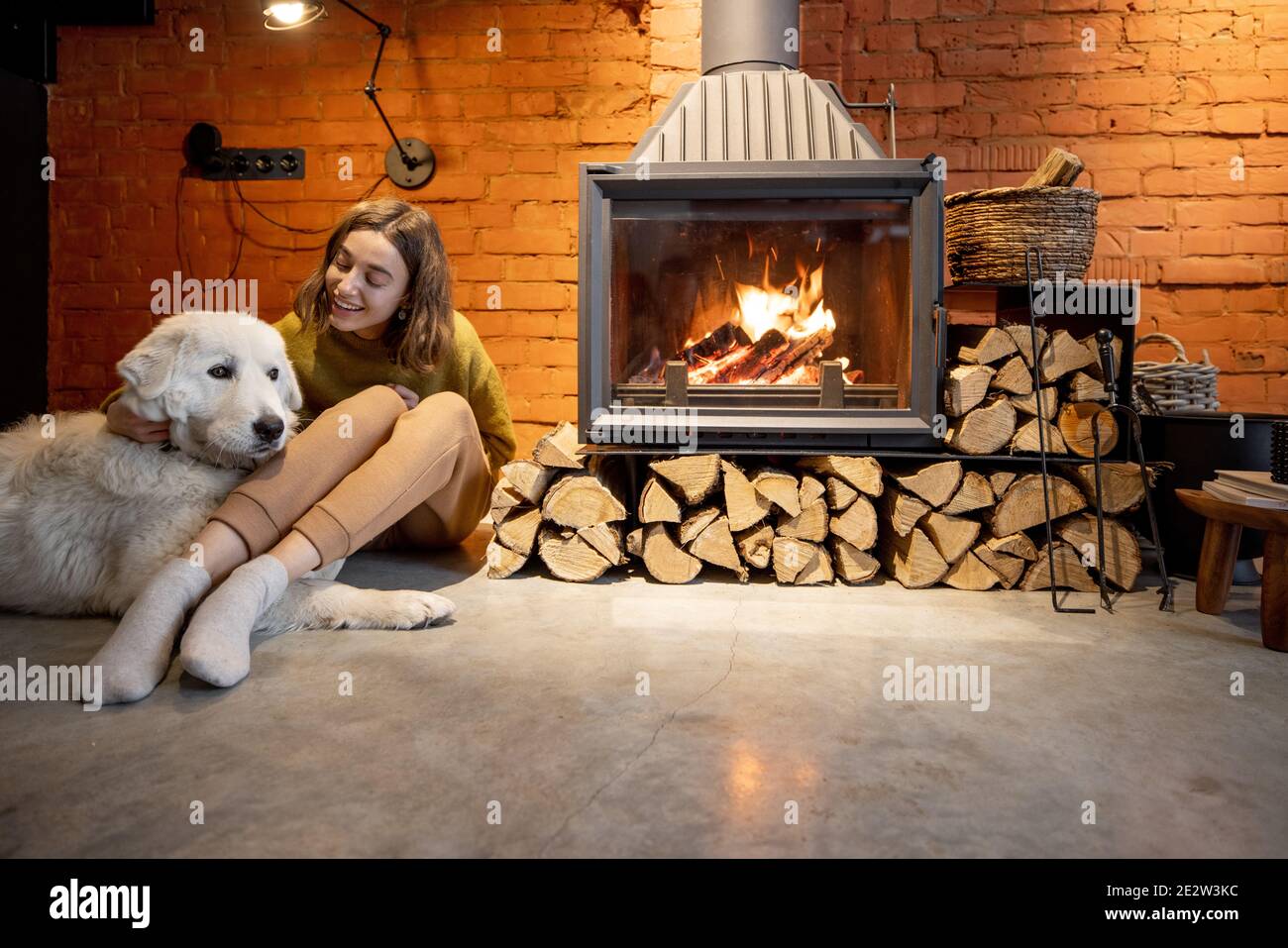 Frau, die am Kamin mit einem weißen Hund sitzt Gemütliche und Loft-Stil Haus innen Stockfoto