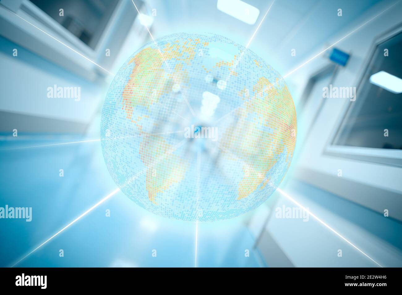 Digitale Projektion der Erde auf den Krankenhaushintergrund. Stockfoto
