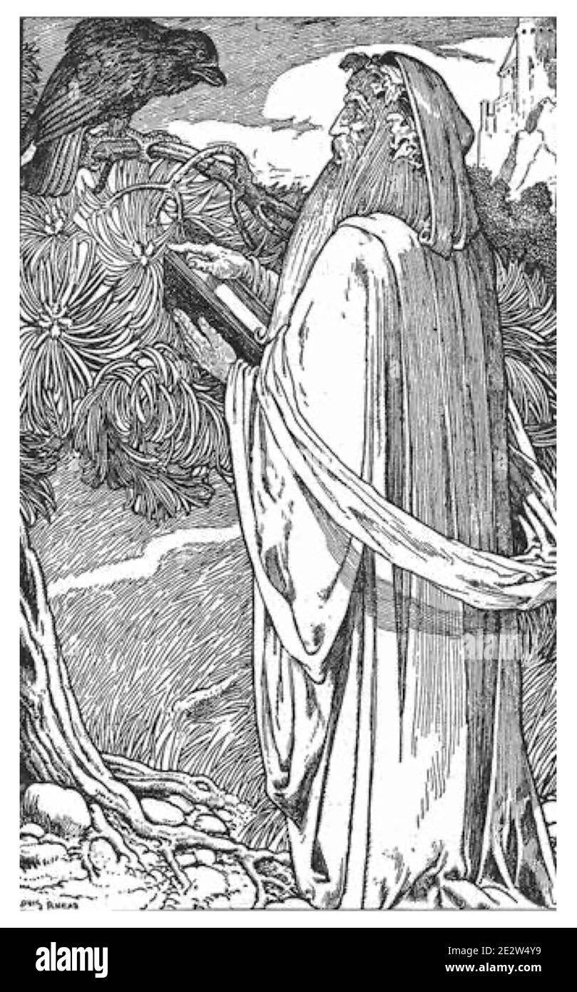 John Rhead Vintage-Druck von Merlin, dem Zauberer und Zauberer in Verbindung mit seinem Raben. Stockfoto