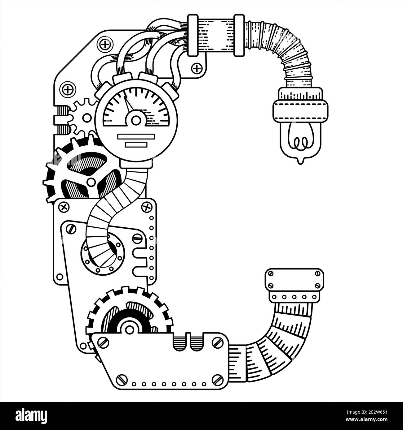 Vector Steampunk Bild für Erwachsene. Mechanisches Buchstabenalphabet aus Metallzahnrädern und verschiedene Details auf weißem Hintergrund. Großbuchstabe C Stock Vektor