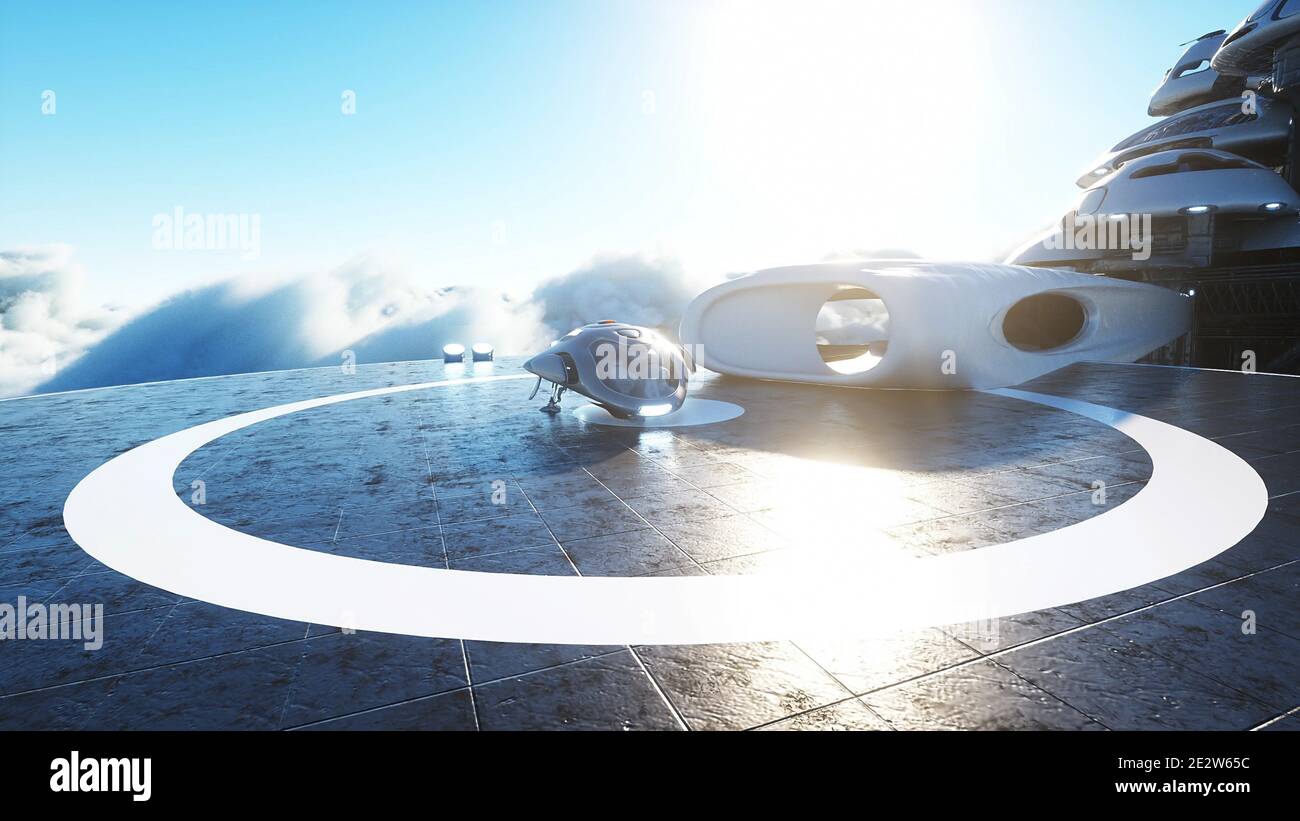 Futuristisches Schiff landet auf futuristischer Basis in den Wolken. 3d-Rendering. Stockfoto