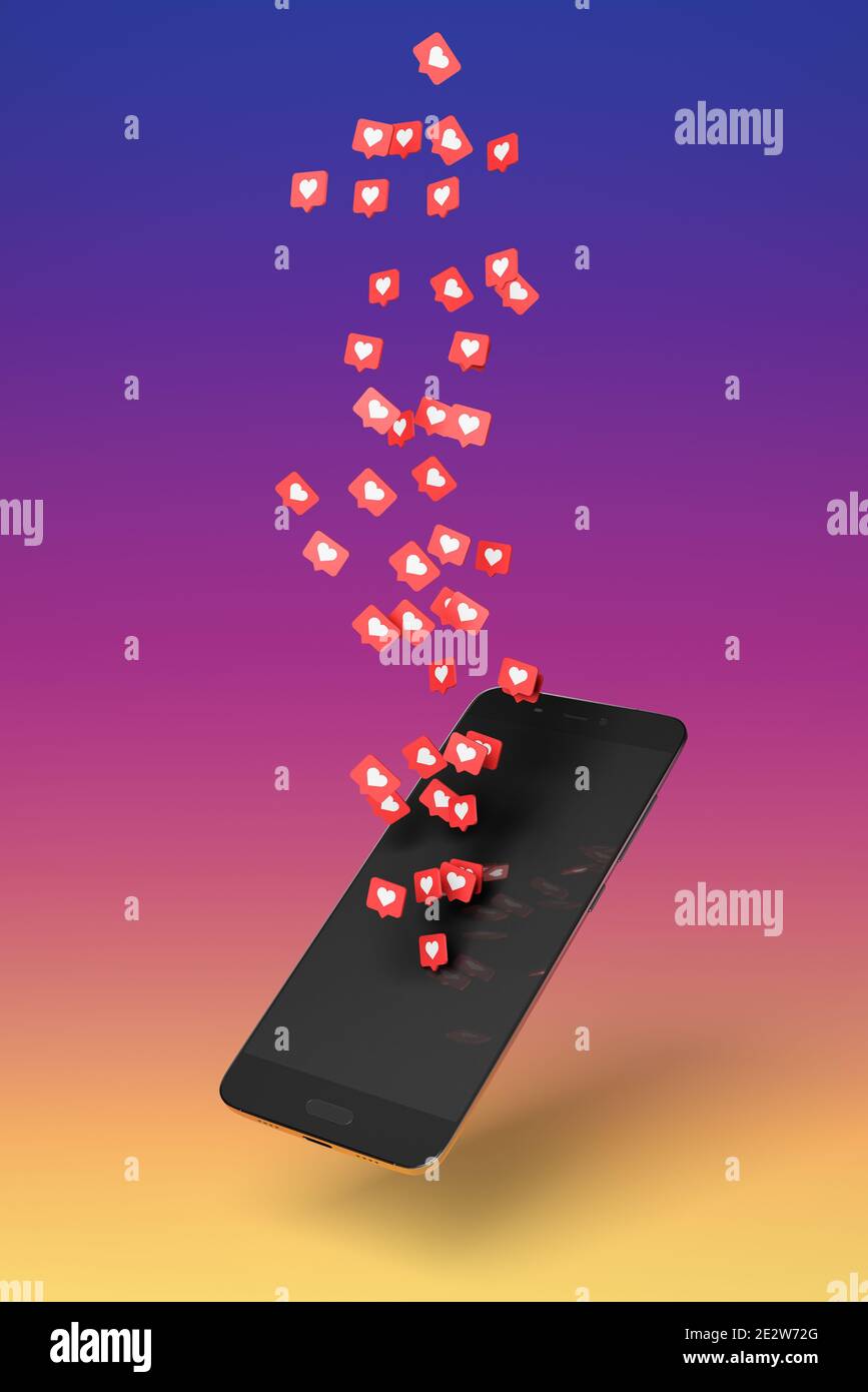 Weiße Herzsymbole auf rotem Hintergrund, die Likes in sozialen Netzwerken darstellen, die aus einem mobilen Bildschirm auf einem Hintergrund mit Farbverlauf erscheinen. 3d-Ilustr Stockfoto