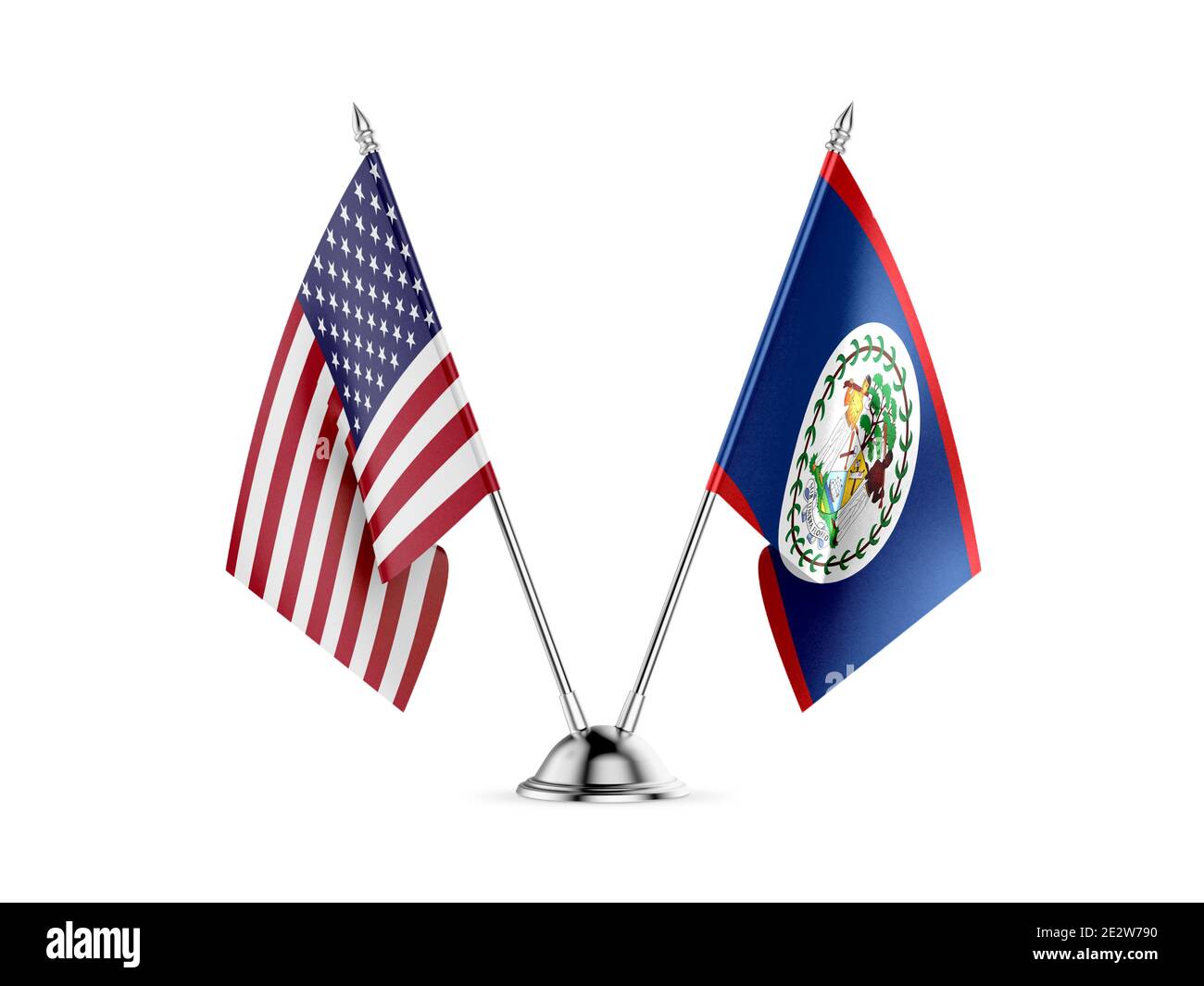Schreibtisch Fahnen, Vereinigten Staaten von Amerika und Belize, auf weißem Hintergrund. 3D-Bild Stockfoto