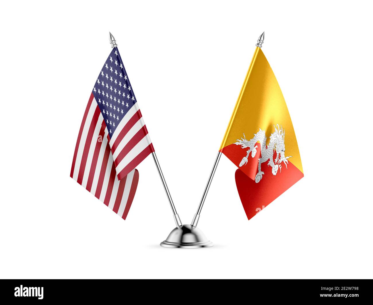 Schreibtisch Fahnen, Vereinigten Staaten von Amerika und Bhutan, auf weißem Hintergrund. 3D-Bild Stockfoto