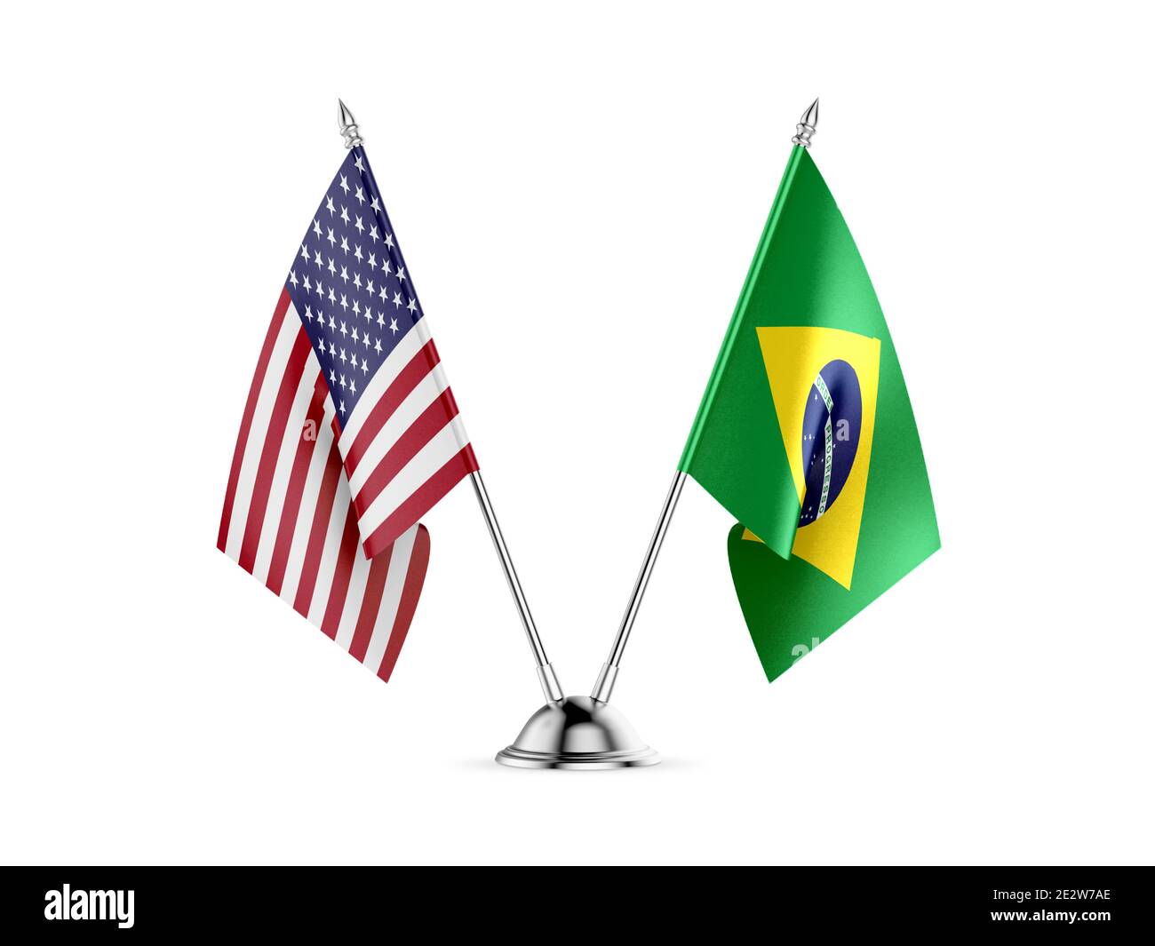 Schreibtisch Fahnen, Vereinigten Staaten von Amerika und Brasilien, auf weißem Hintergrund. 3D-Bild Stockfoto