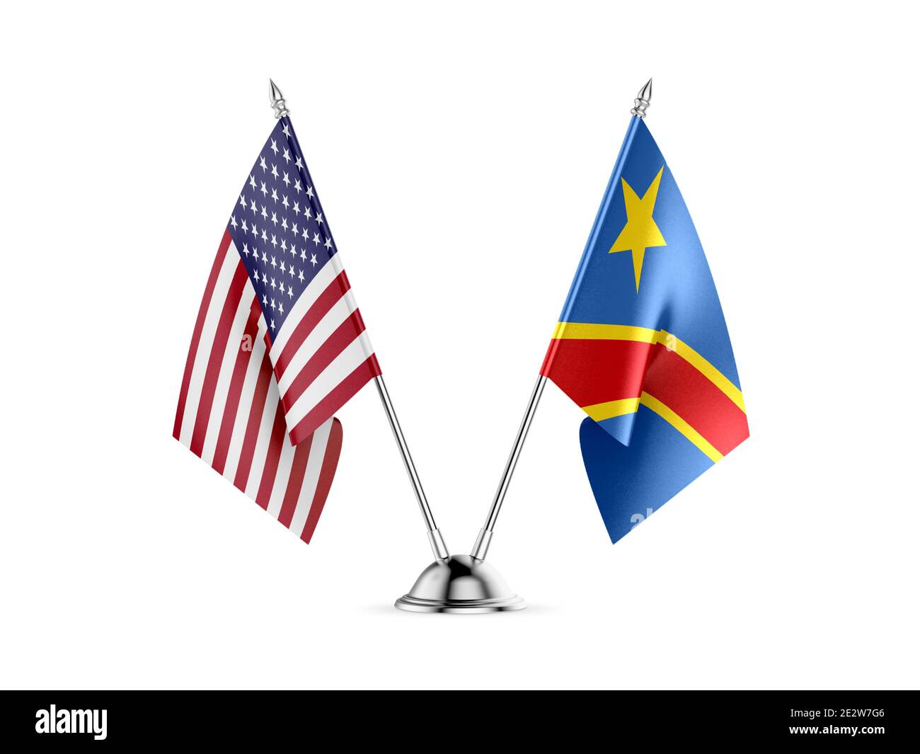 Schreibtisch Fahnen, Vereinigten Staaten von Amerika und Kongo-kinshasa, auf weißem Hintergrund. 3D-Bild Stockfoto
