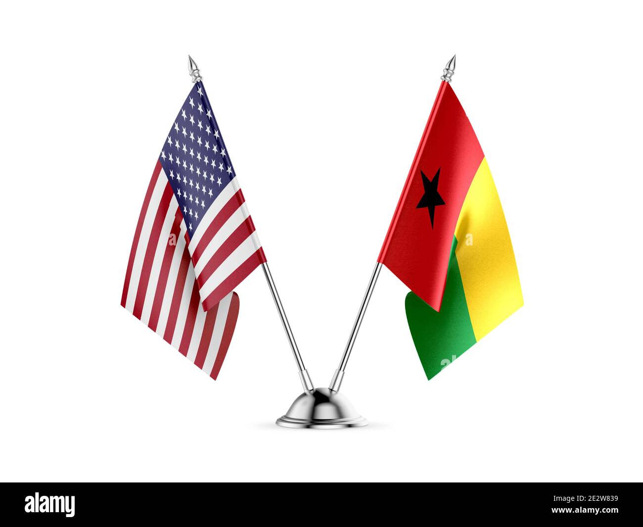 Schreibtisch Fahnen, Vereinigten Staaten von Amerika und Guinea-Bissau, auf weißem Hintergrund. 3D-Bild Stockfoto