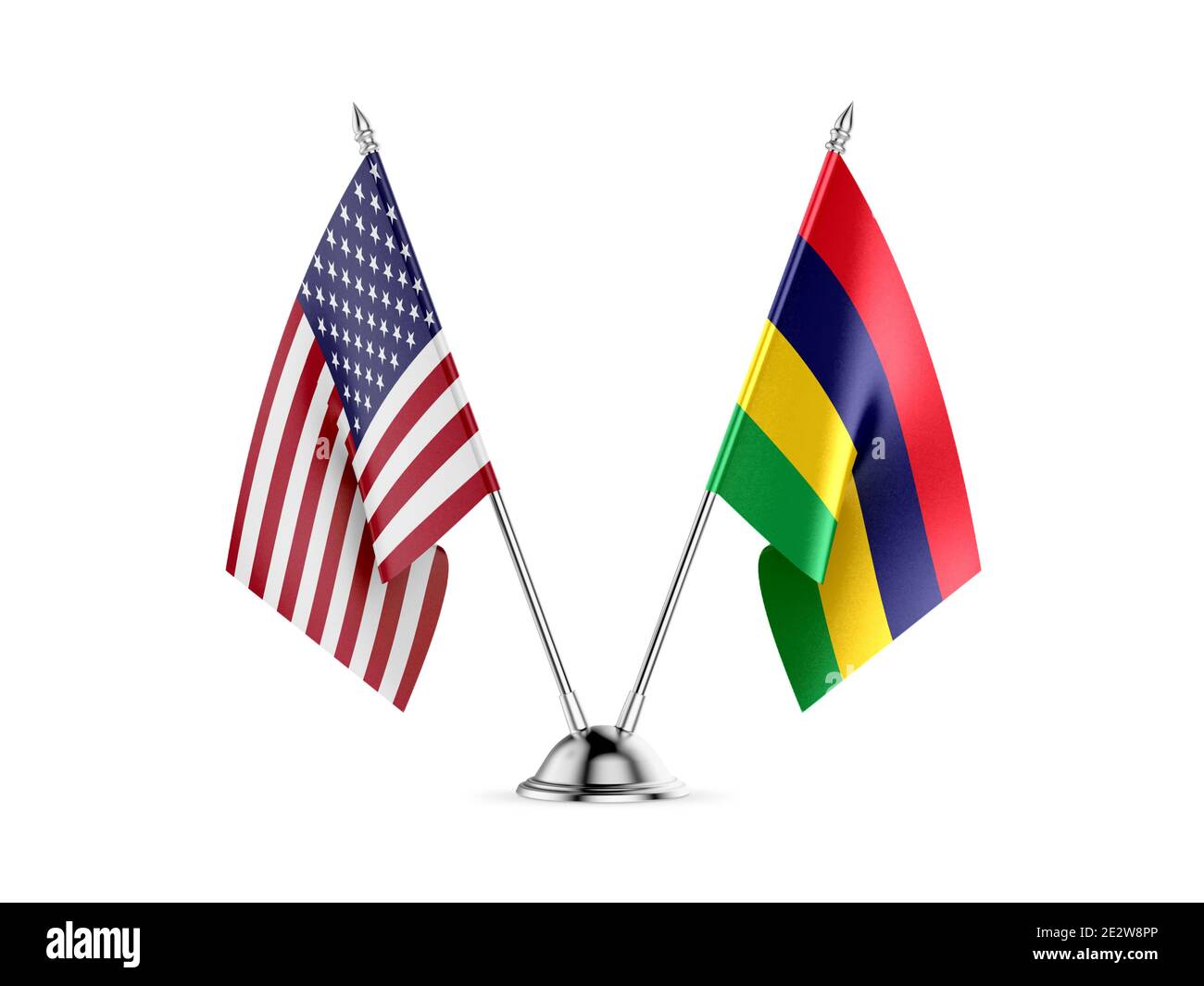 Schreibtisch Fahnen, Vereinigten Staaten von Amerika und Mauritius, auf weißem Hintergrund. 3D-Bild Stockfoto