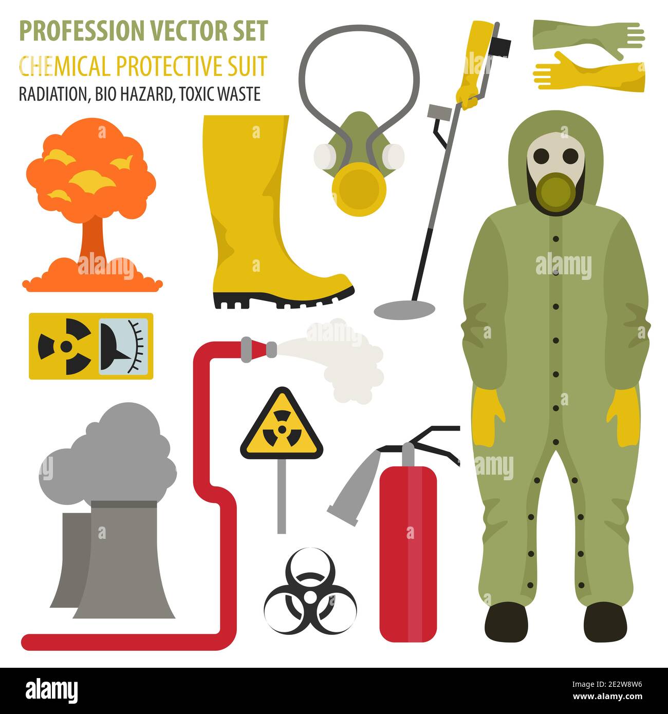 Beruf und Beruf eingestellt. Symbol mit flachem Design für Chemikalienschutzanzug. Der Retter beseitigt Strahlung, giftige Abfälle. Vektorgrafik Stock Vektor