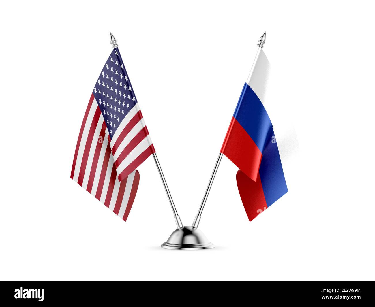 Schreibtisch Fahnen, Vereinigten Staaten von Amerika und Russland, auf weißem Hintergrund. 3D-Bild Stockfoto