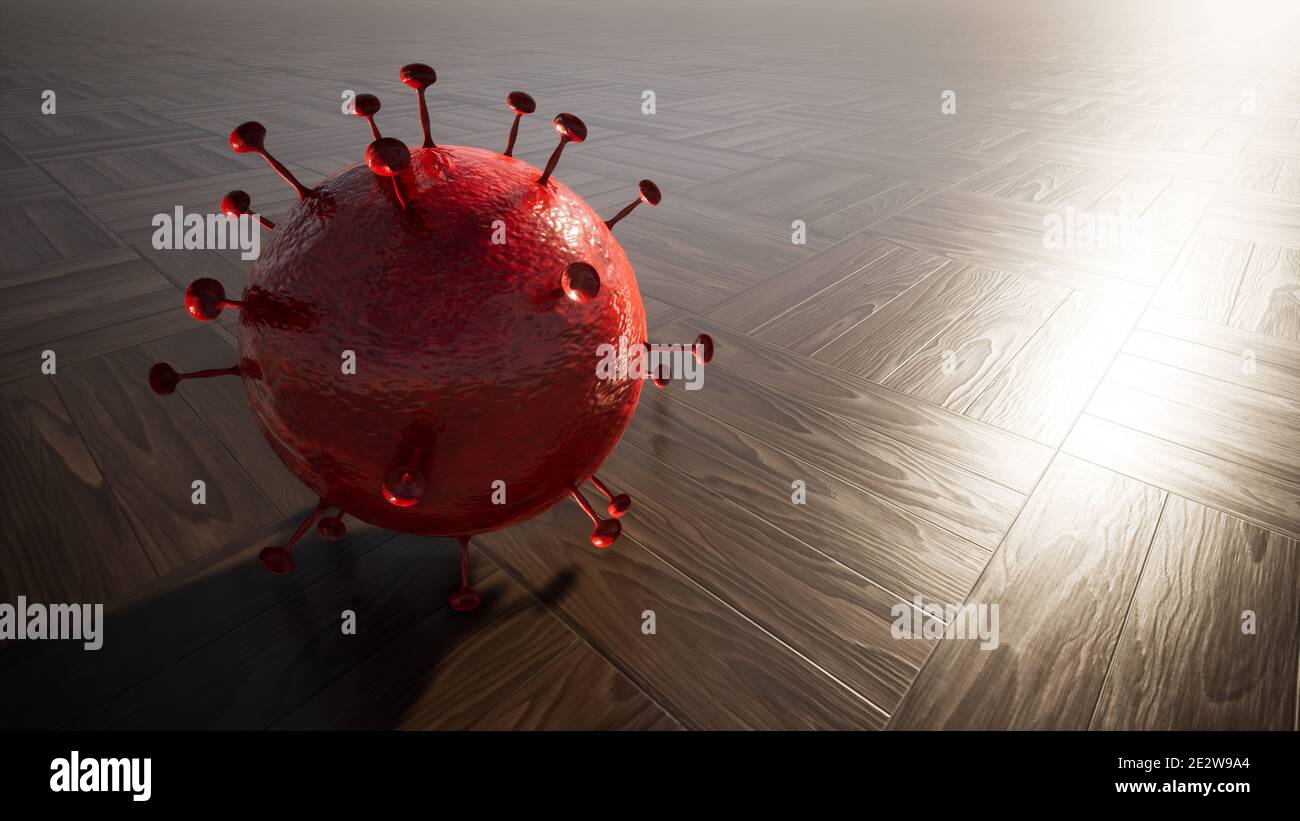 Konzept oder konzeptionelle rote 3d-Illustration von Coronavirus auf Holz Boden Hintergrund als Warnung für den globalen Ausbruch und die Gefahr des Coronavirus Stockfoto