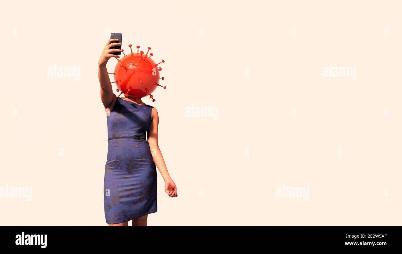 Konzept oder konzeptionelle 3d-Illustration einer Geschäftsfrau Überprüfung Ihr Telefon und Coronavirus auf weißem Hintergrund Stockfoto
