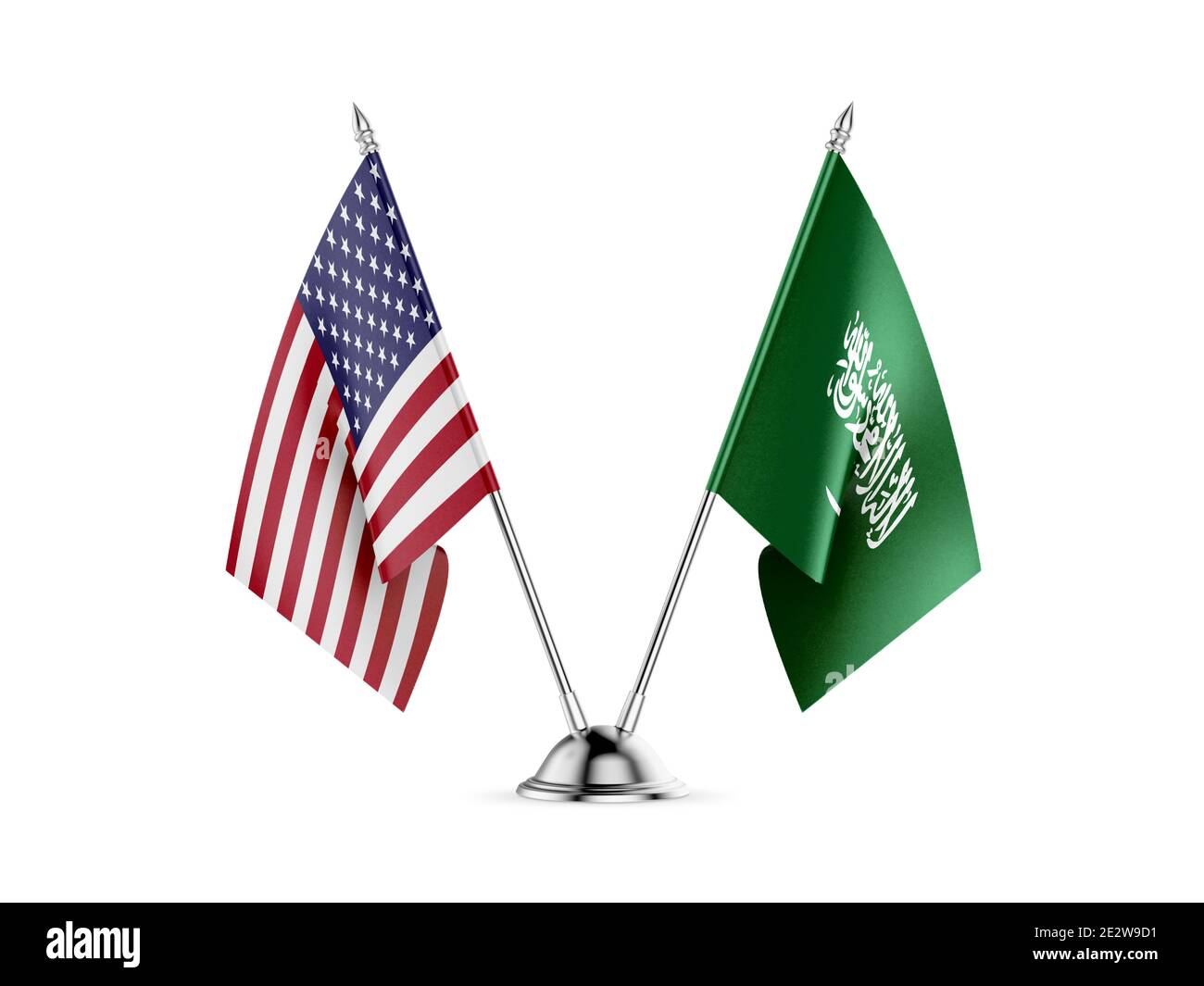 Schreibtisch Fahnen, Vereinigten Staaten von Amerika und Saudi-Arabien, auf weißem Hintergrund. 3D-Bild Stockfoto