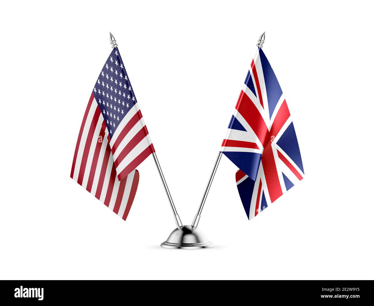 Schreibtisch Fahnen, Vereinigten Staaten von Amerika und Großbritannien, auf weißem Hintergrund. 3D-Bild Stockfoto