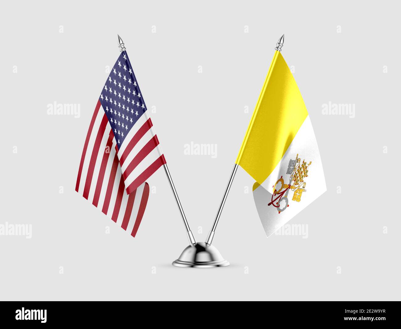 Schreibtisch Fahnen, Vereinigten Staaten von Amerika und Vatikanstadt, auf weißem Hintergrund. 3D-Bild Stockfoto