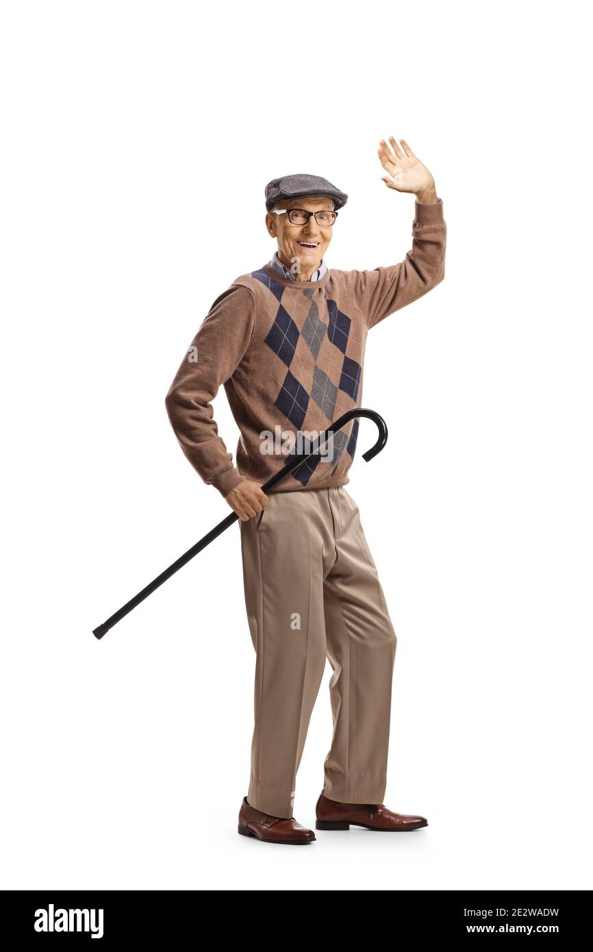 Älterer Herr mit einem Stock und Begrüßung mit isolierter Hand Auf weißem Hintergrund Stockfoto