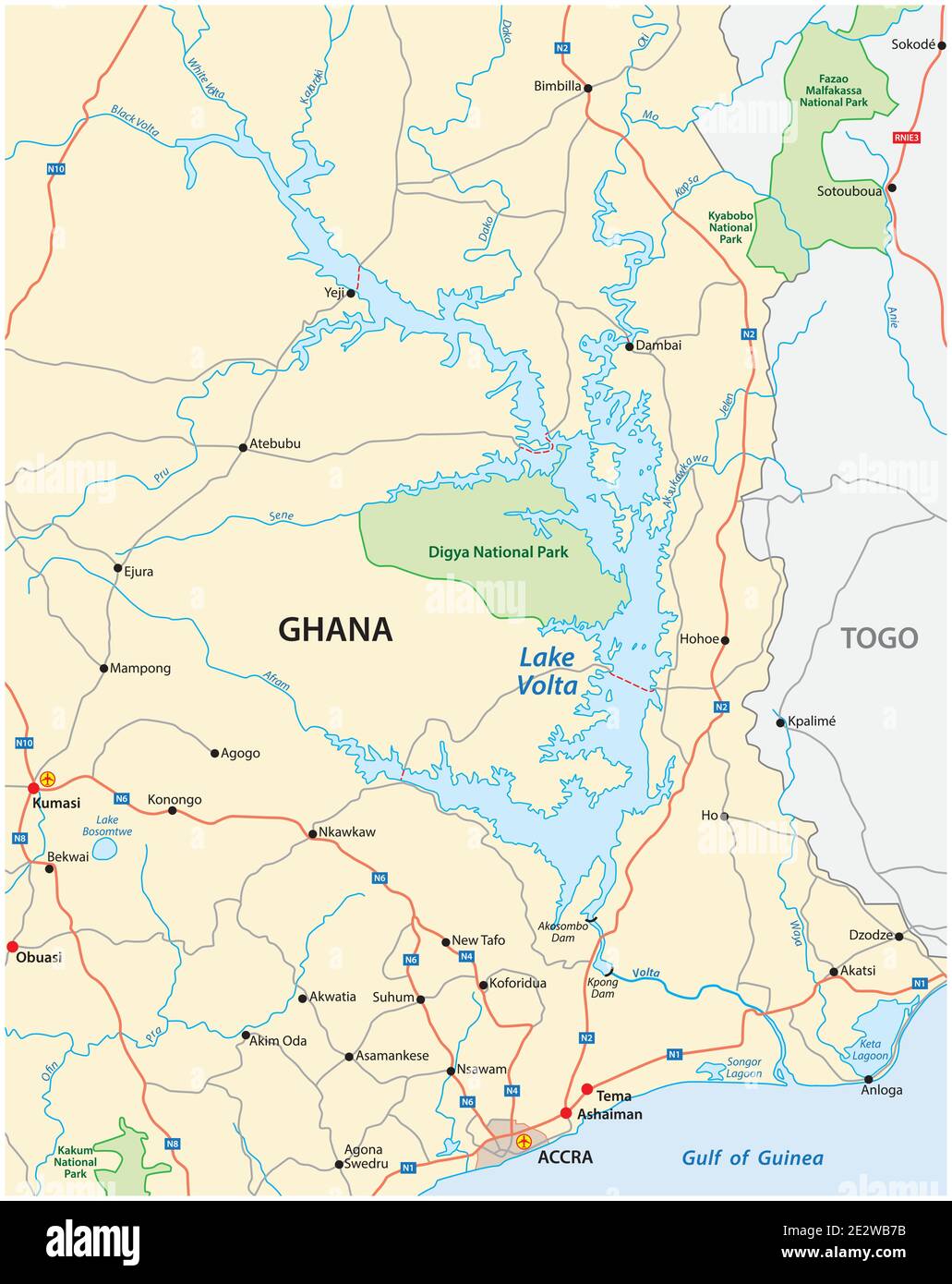 Vektorkarte des größten Stausees der Welt Volta-See, Ghana Stock Vektor
