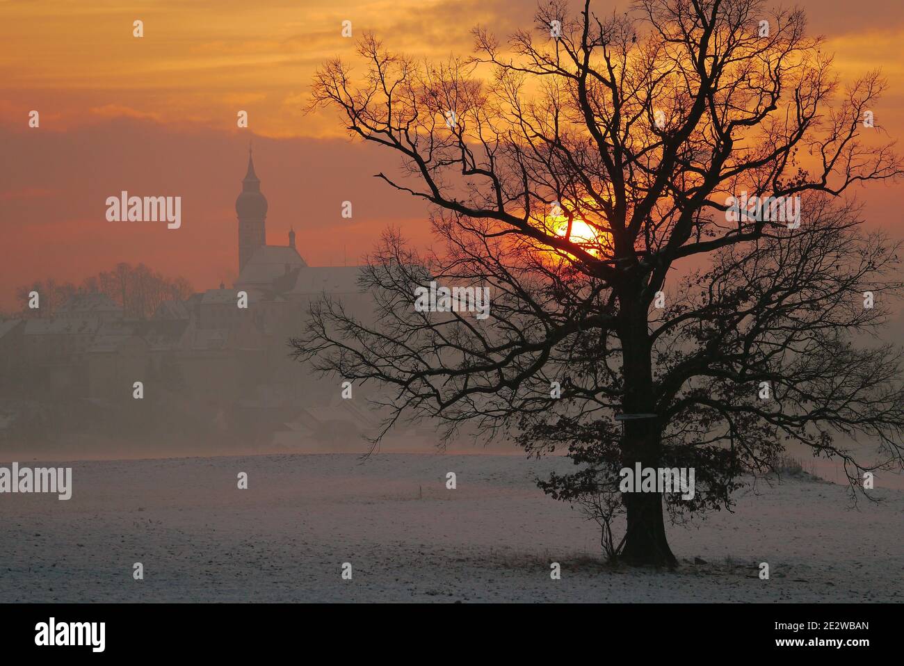 Kloster Andechs im Nebel bei Sonnenuntergang, mit der Silhouette eines Baumes im Vordergrund Stockfoto