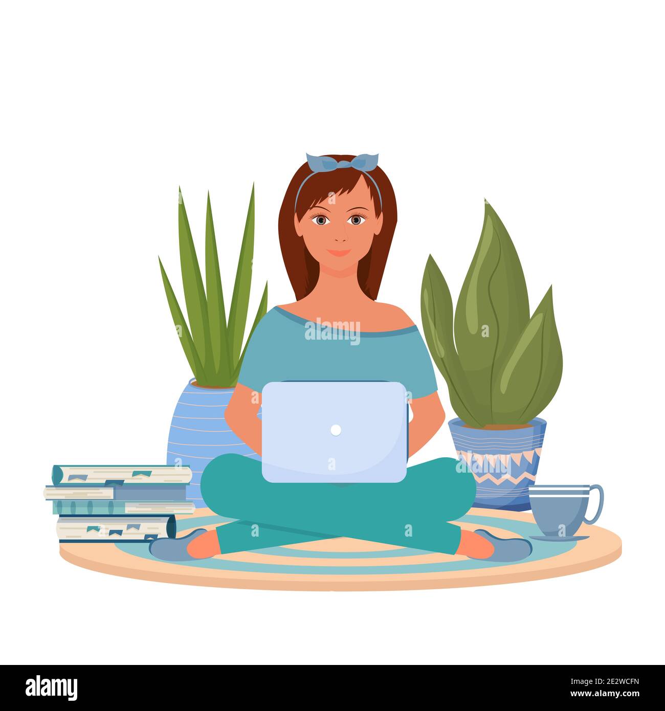 Attraktive Frau sitzt mit Laptop in der Nähe von Büchern, Pflanzen und Tasse mit heißem Getränk Stock Vektor Bright Illustration. Bildung, persönliches Wachstum, Freela Stock Vektor
