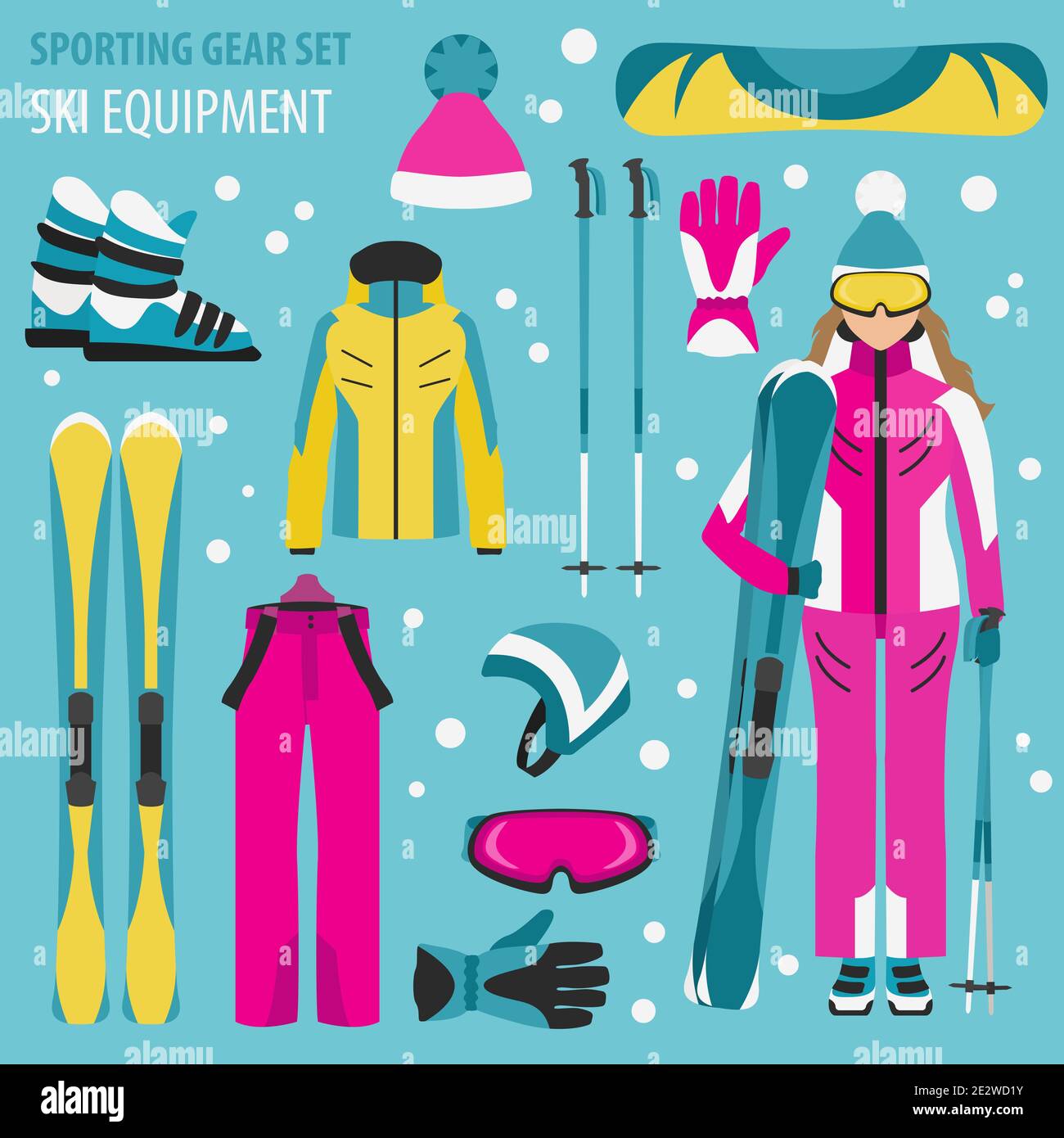 Sportausrüstung. Ski-Ausrüstung und Skifahrer Frau flaches Design-Symbol.Vektor-Illustration Stock Vektor