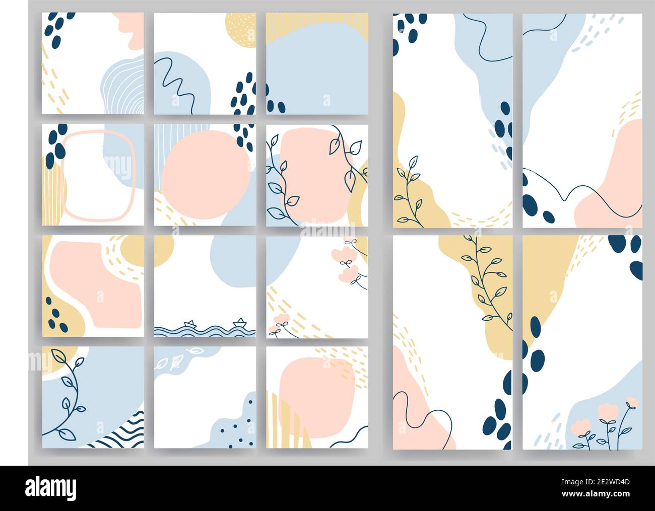 Trendige Baby quadratische Farbvorlagen mit Doodle geometrischen Elementen. Für Social Media Geschichten und Beiträge, mobile Apps, Banner-Design und Web. Hintergründe Set. Vektorgrafik Stock Vektor