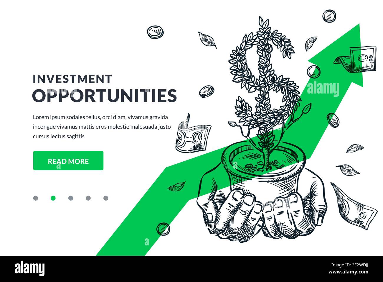 Business-Konzept für Investitionen und Finanzwachstum. Menschliche Hände halten wachsenden Dollarbaum auf grünem Pfeil Hintergrund. Handgezeichnete Vektorskizze. Stock Vektor