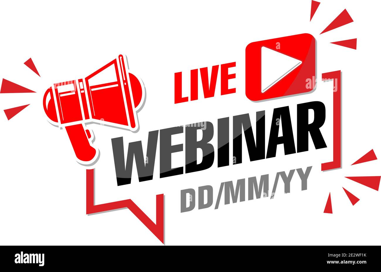 Ankündigung des Live-Webinars. Megaphon über dem Rahmen des Monitorbildschirms, Datum des Ereignisses. Illustration, Vektor auf transparentem Hintergrund Stock Vektor