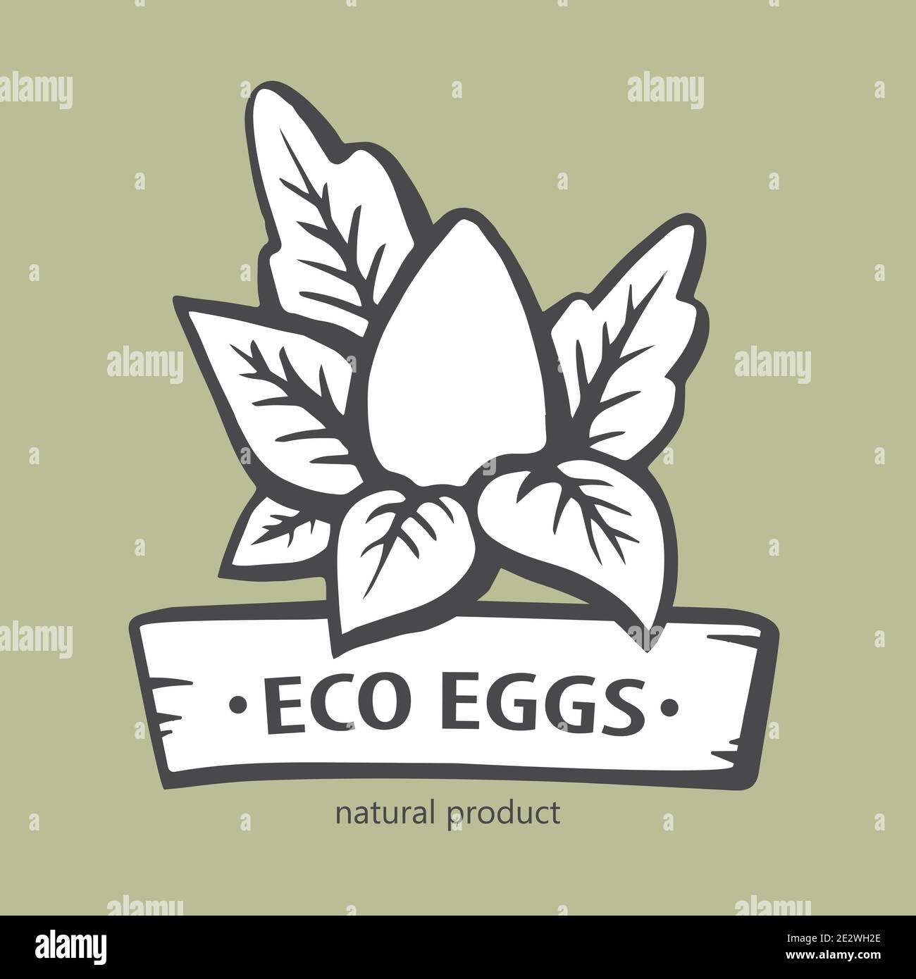 Logo „Eco Eggs“. Emblem Ei mit Blättern. Handgezeichnete Vektorgrafik. Logo für umweltfreundliche Produkte. Stock Vektor