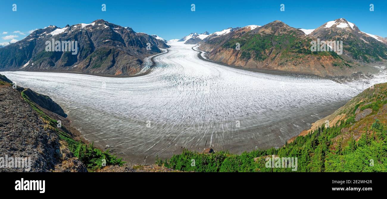 Eisfluss des Lachgletschers und der Boundary Bergkette bei Hyder City, Alaska, Vereinigte Staaten von Amerika (USA). Stockfoto