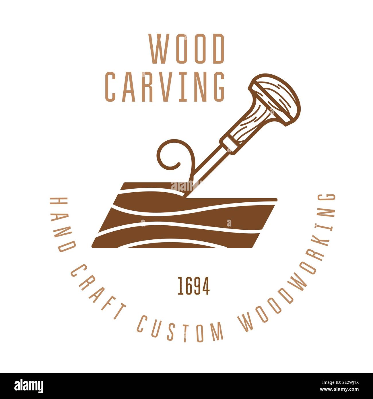 Holzschnitzerei Logo mit Meißel Schneiden einer Holzstange, Holzgravur Emblem, Vektor Stock Vektor