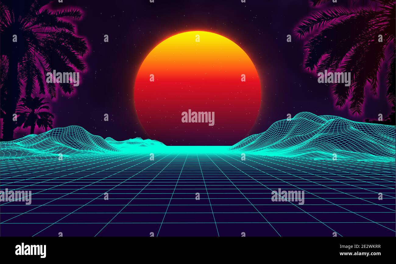 Palmen retro auf lila Hintergrund. Vintage Computer-Technologie geometrischen Hintergrund. Futuristische Hintergrund 3d Vektor Illustration. Stock Vektor