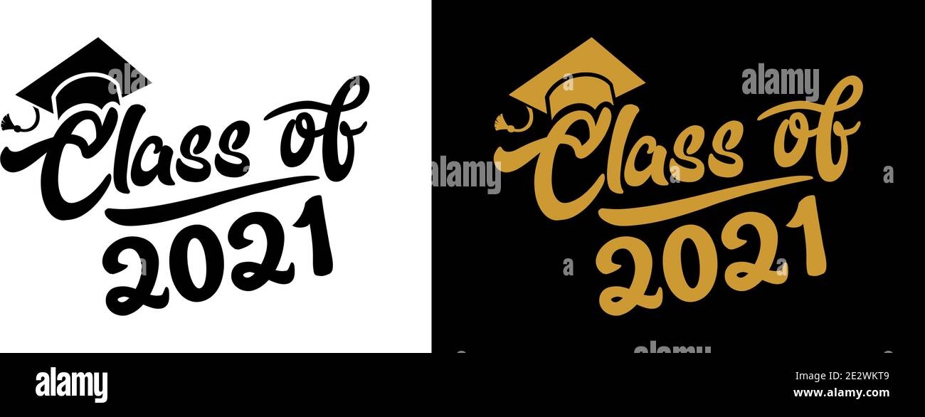 Lettering Klasse von 2021 für Grußansage, Einladungskarte. Logo Graduierung Design, Gratulation Veranstaltung, T-Shirt, Party, High School oder College-Absolvent. Stock Vektor