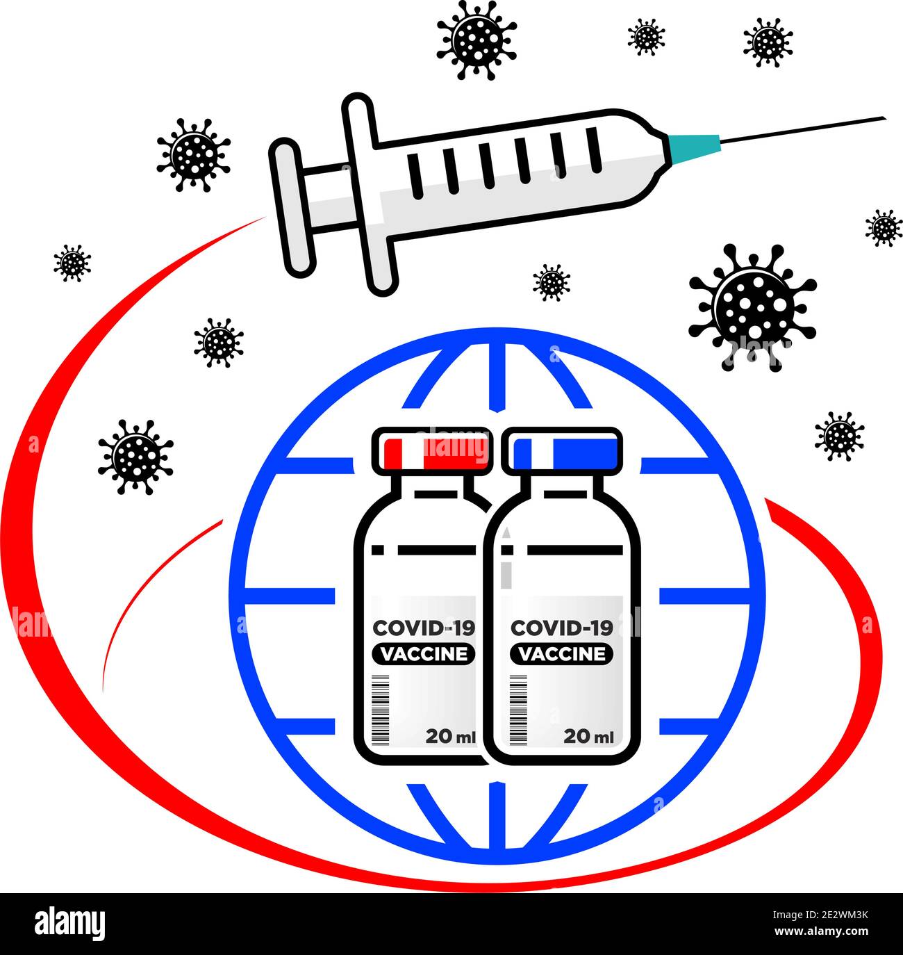 Globales Impfkonzept für Coronaviren. Eine medizinische Spritze mit einer Nadel fliegt im Orbit um die Erde, umgeben von Viren. Fläschchen mit dem Medikament wi Stock Vektor