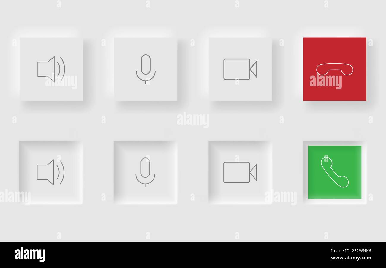 Weiße quadratische Knöpfe im Neomorphismus Design Stil. Kommunikationsknöpfe stellen moderne Knöpfe ein. Vektor EPS 10 Stock Vektor