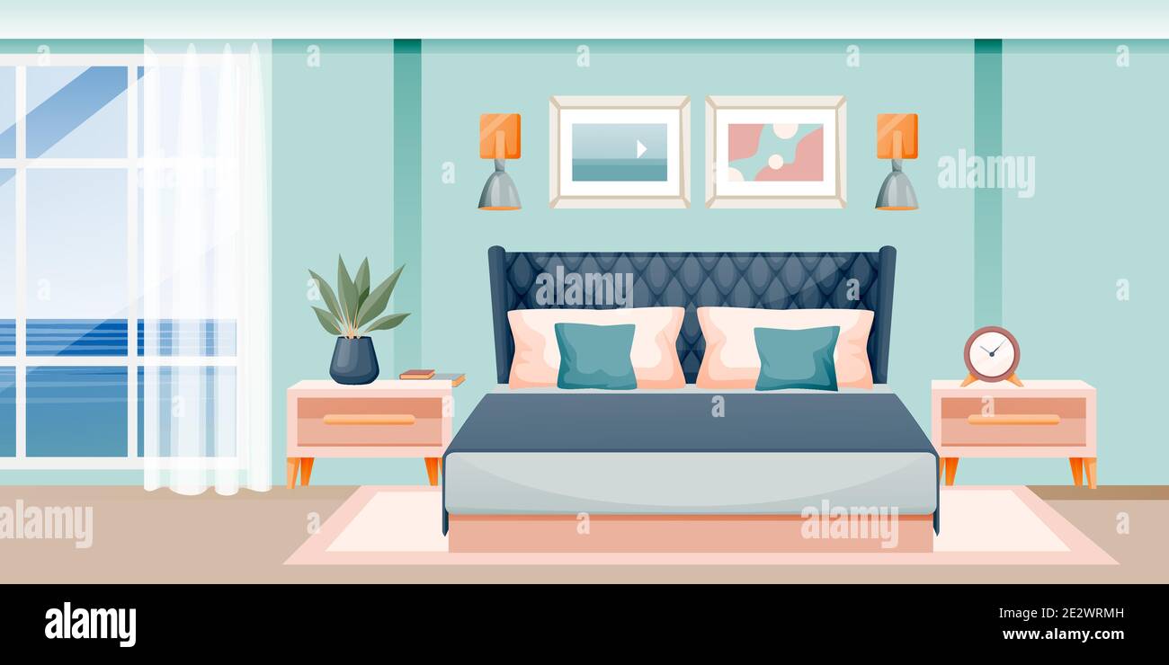 Moderne Schlafzimmer. Vektor flache Cartoon-Illustration. Hotelzimmer oder Apartment mit Fenster und Meerblick. Zeitgemäßer Hintergrund. Hausmöbel Stock Vektor
