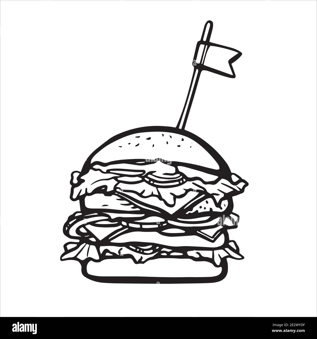 Handgezeichnete Burger heißes Gericht. Köstliche Sandwich-Linie Vektor Stock Illustration. Konzept für Menü, Fast Food. Symbol. Stock Vektor