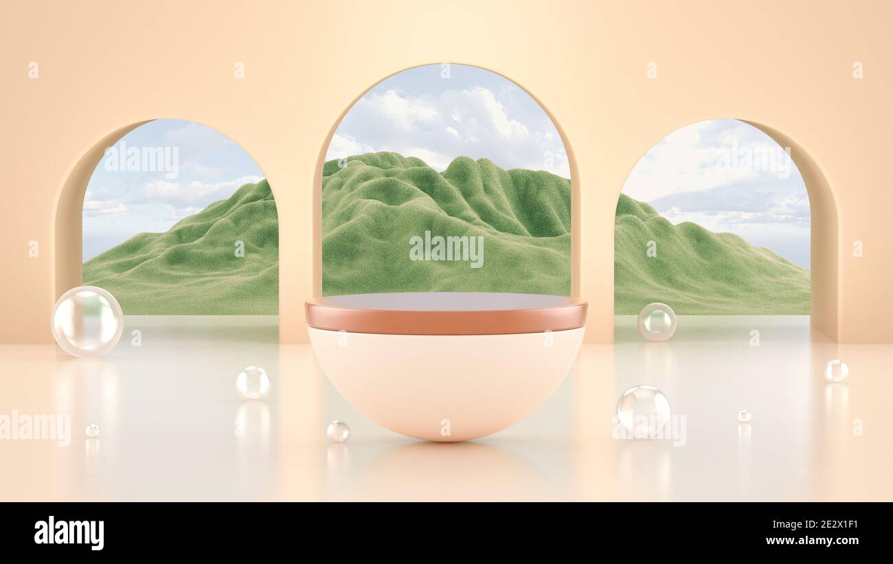 Abstrakte Minimalszene mit Podium-Display. Pastell Podium mit Blick auf die Berge. Kosmetik oder Beauty-Produkt Promotion Mockup. Abstrakter minimalistischer Sockel für die Parfüm-Präsentation. 3d-Rendering. Stockfoto