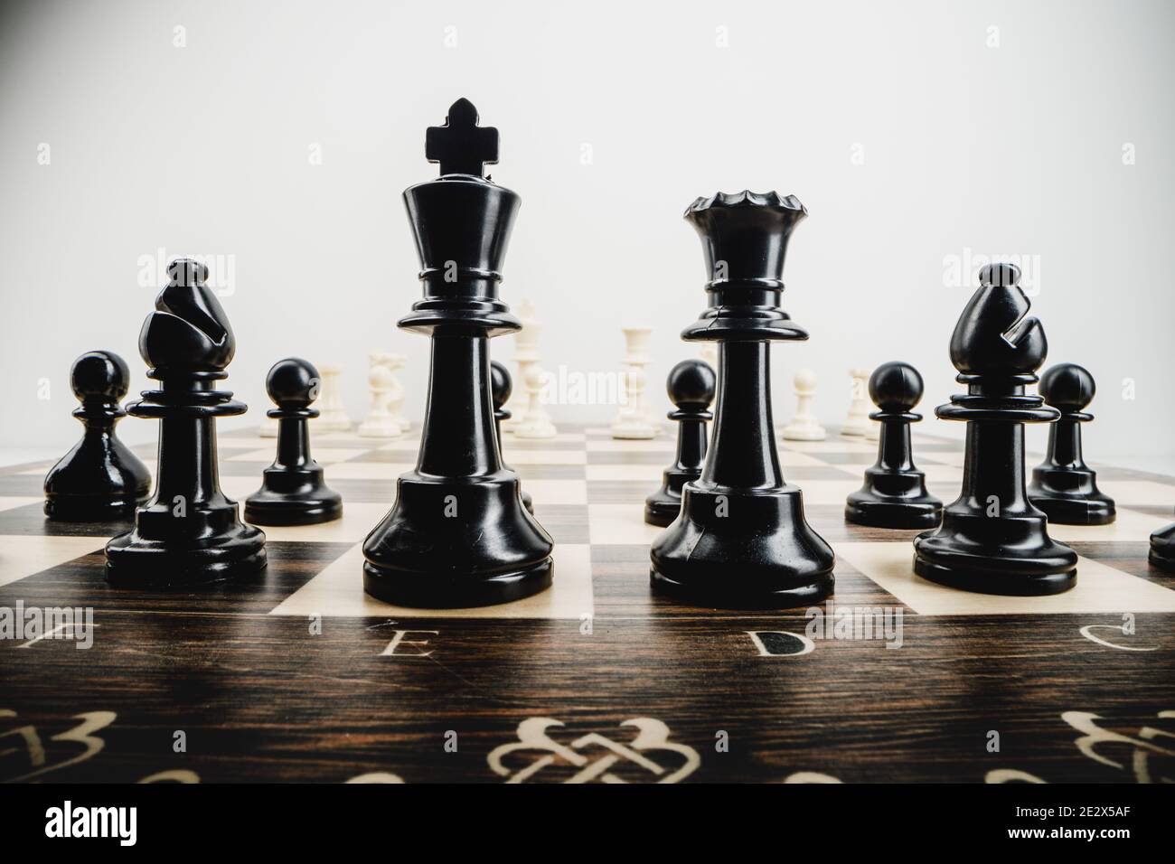 Macro photo of chess pieces on a chess board Stockfoto