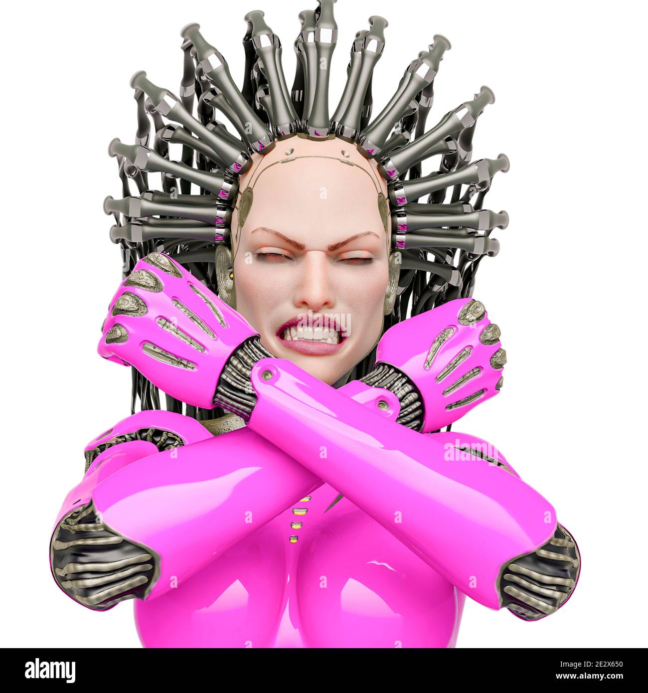 Super Cyborg ist wütend und das Gefühl bereit für Krieg Nahaufnahme, 3d-Illustration Stockfoto